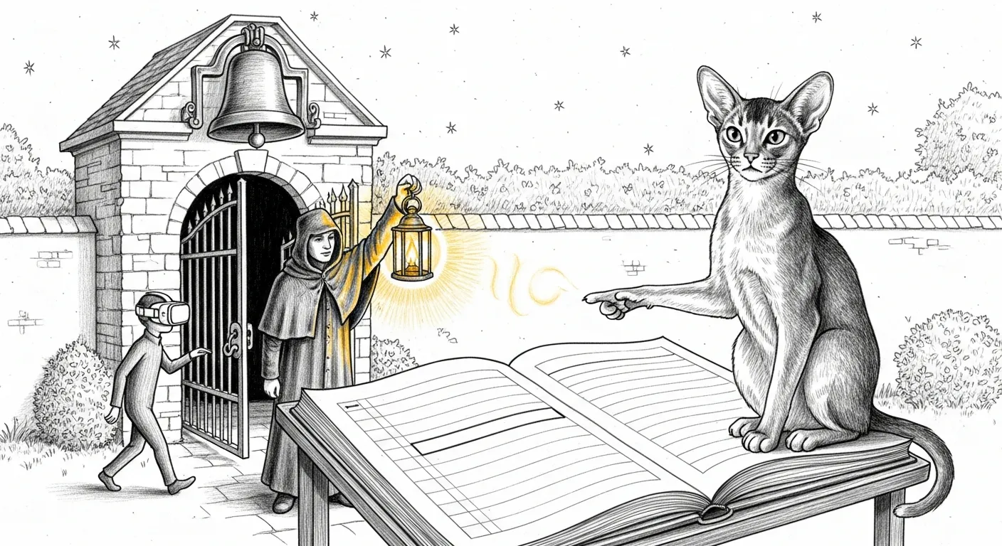 A night gatehaus with a curfew bell over its arch. A gatekeeper raises an amber lantern — the only colour in the sketch — over a ledger of blank ruled lines, while a small anonymous figure in a VR headset slips through the gate behind him. An Abyssinian cat sits on the ledger stand, one paw pointing at the intruder.