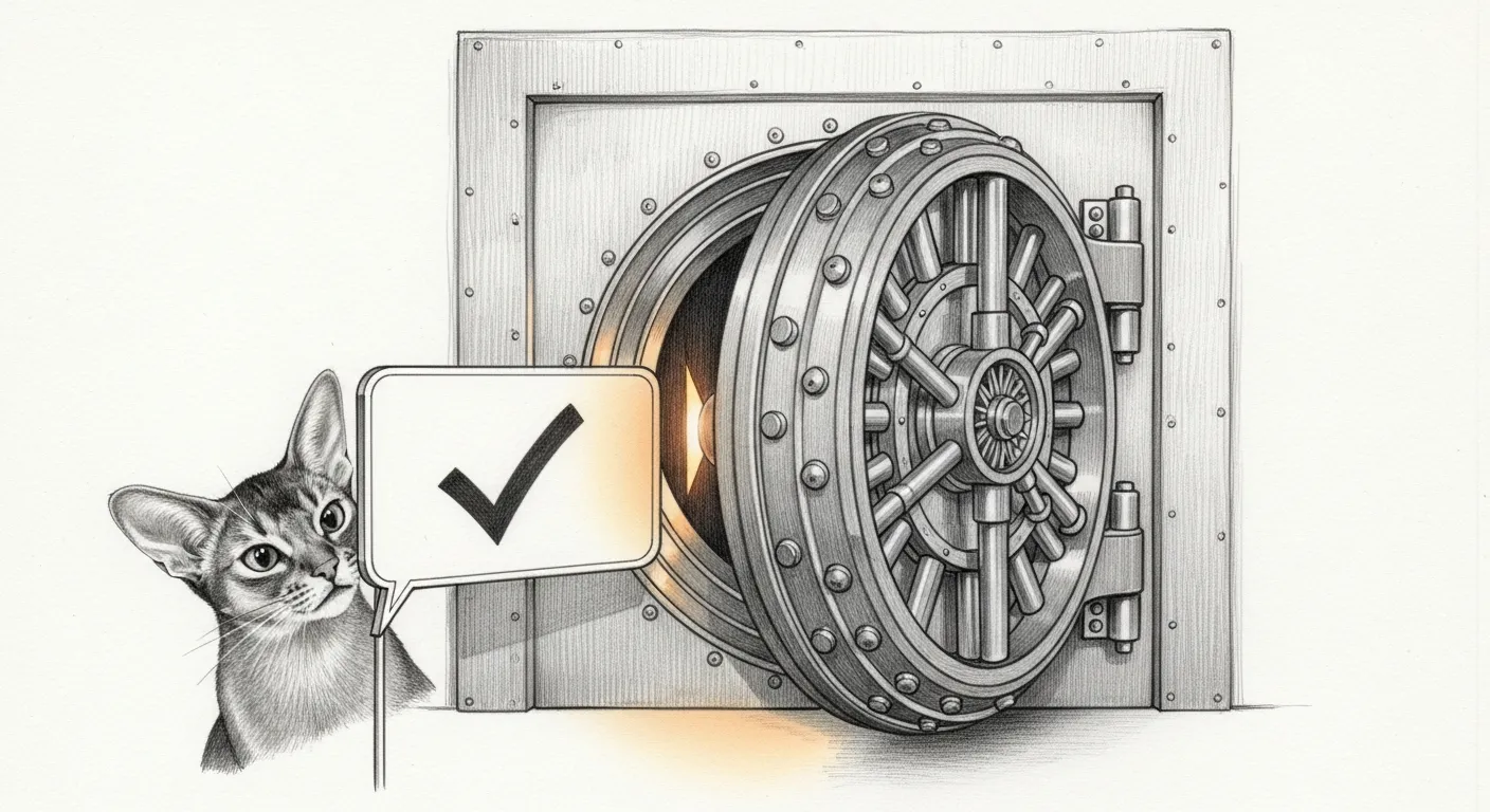 A sketched dialog window held up like a mask in front of a vault door, one amber lamp glowing, while Tommy peers behind the mask