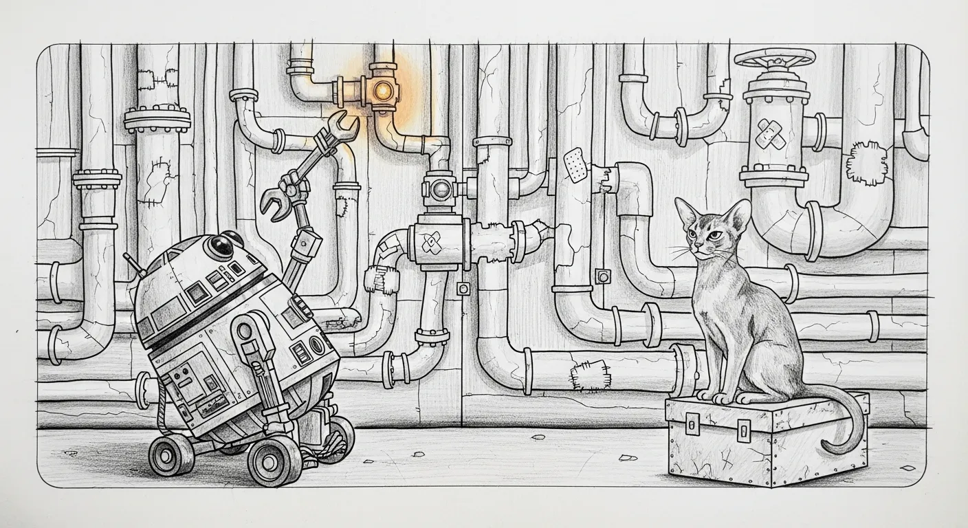 A small sketched droid tending a wall of pipes, one lamp glowing amber, while Tommy supervises