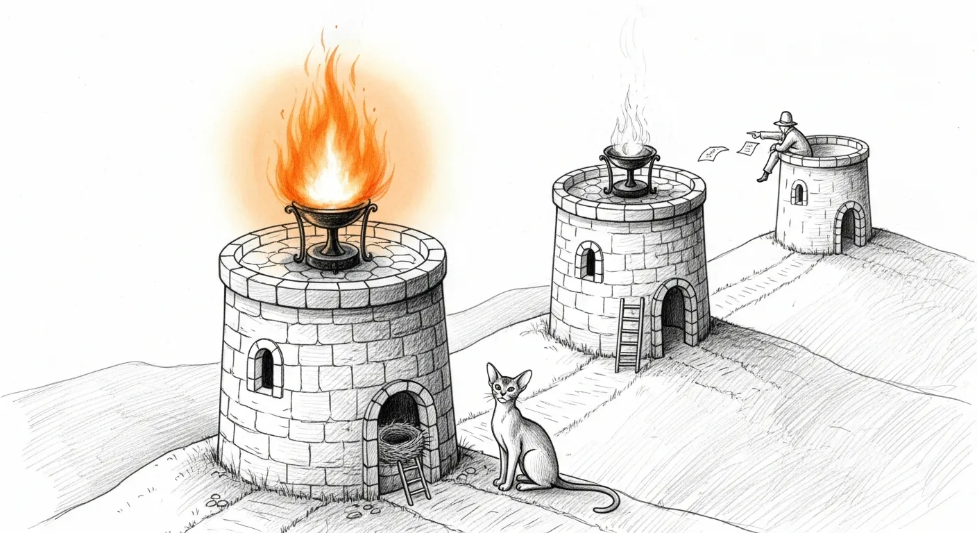 Three stone beacon towers in a line across a graphite landscape. The nearest burns with a tall amber flame, the only colour in the sketch. The middle tower's brazier has gone out — a thin wisp of smoke where fire should be, a ladder leaning unused against its wall. From the farthest tower a watchman points back down the line, alarm notes fluttering from his hand. An Abyssinian cat sits on the path below the dead middle brazier, watching.