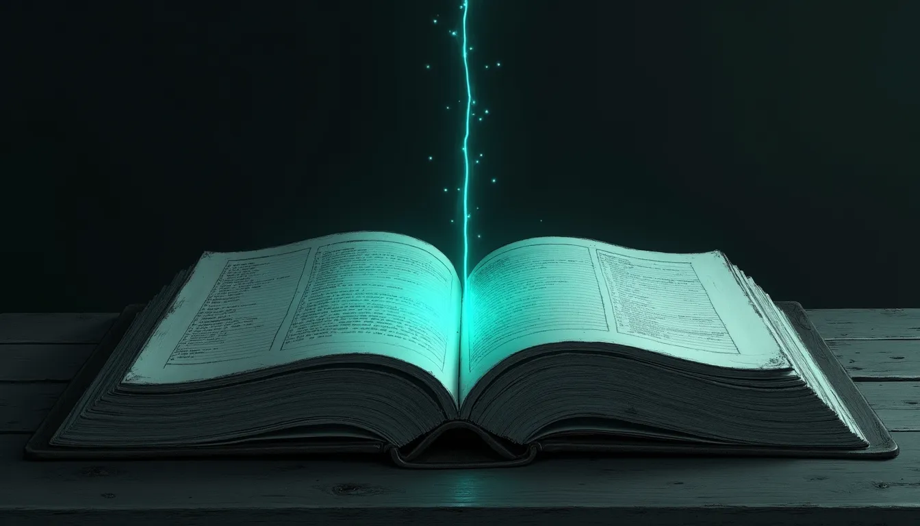 A thick archival ledger open on a dark desk, with a single glowing teal filament stretching from its pages across a dark gap to a small laptop silhouette — knowledge travels the wire, not a local copy.