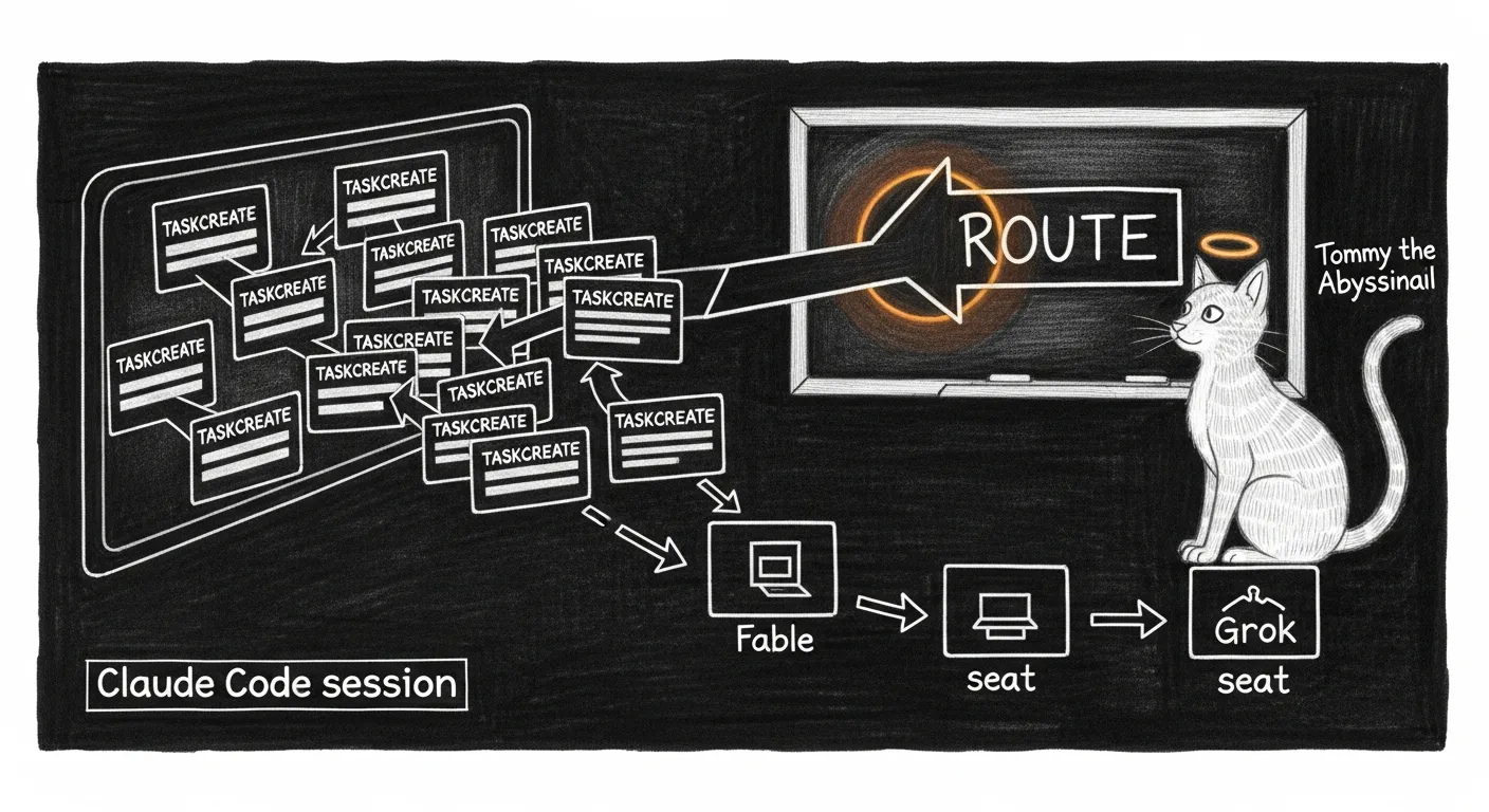 TaskCreate cards diverting a Fable request to Grok — ROUTE arrow on the chalkboard, Tommy watching