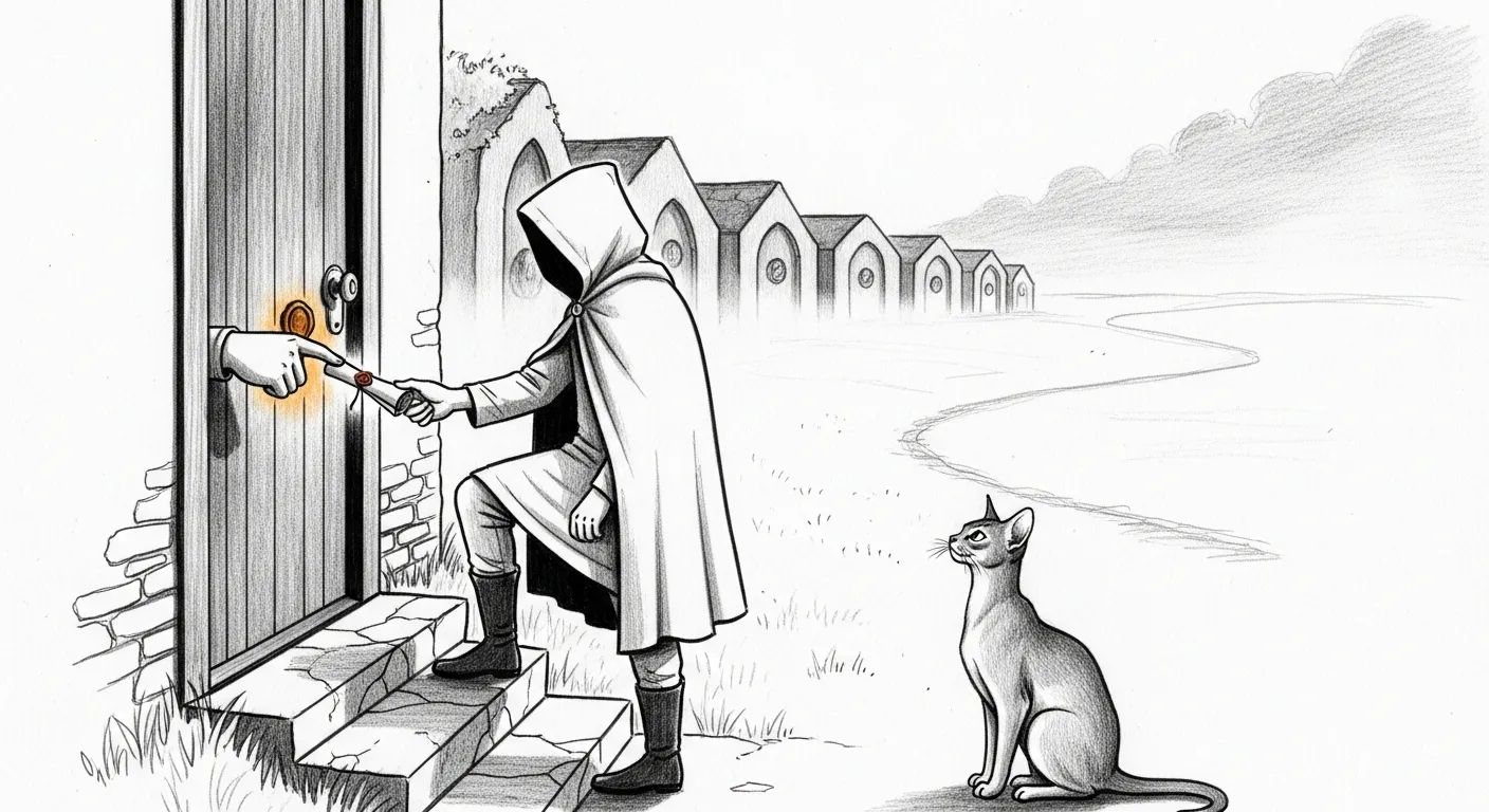 A wide graphite pencil sketch on off-white paper. At dawn a hooded courier climbs the last stone step to a cottage door and holds out a single wax-sealed scroll on an open palm; a hand reaches from the doorway and presses a thumb to the seal. The wax seal is the only colour in the drawing — a small warm amber glow — everything else grey and white. Behind the courier a row of dark stone vaults recedes into morning mist along the path. An Abyssinian cat sits on the doorstep, watching the thumb meet the wax.