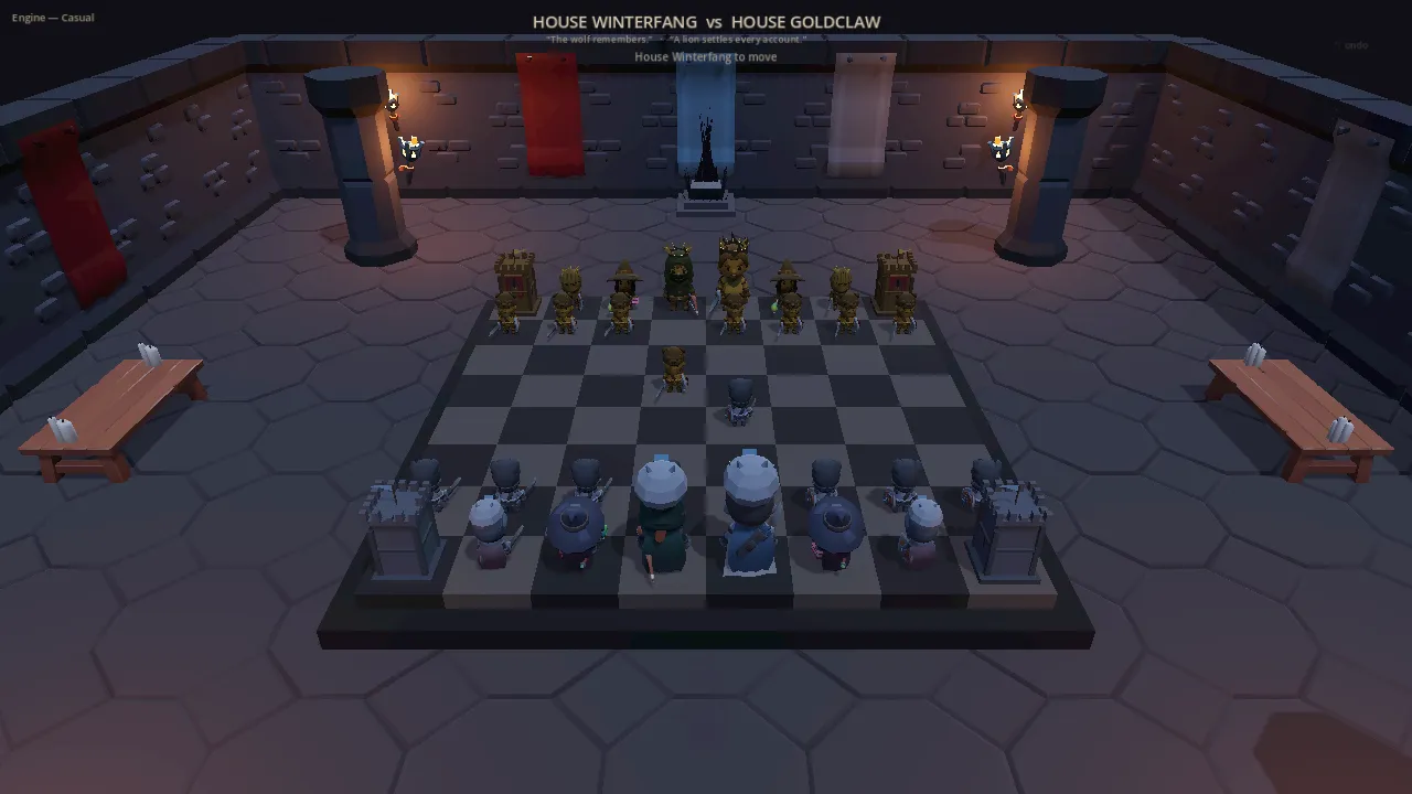 Two costumed armies face each other across a checkered floor in a torch-lit great hall — House Winterfang's blue-cloaked ranks against House Goldclaw's gilded soldiers, watchtower rooks on the corners, house banners hanging from the stone walls