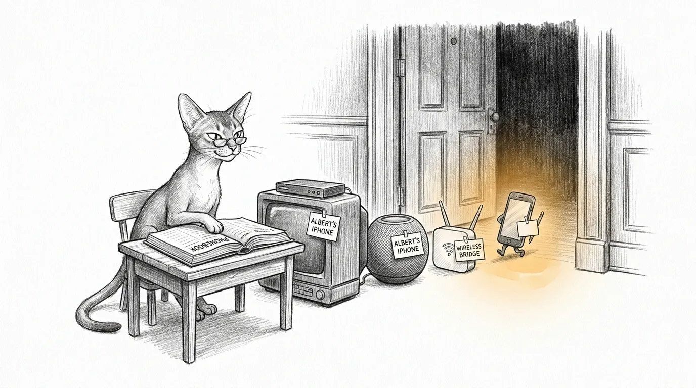 Pencil sketch: a bespectacled Abyssinian cat sits at a small desk with an open ledger marked PHONEBOOK, inspecting a queue of household gadgets — a television set-top box and a round speaker, each wearing a paper badge reading ALBERT'S IPHONE, beside a wireless bridge — while behind them, in a warm amber glow, a small smartphone tiptoes out the open door carrying a blank badge