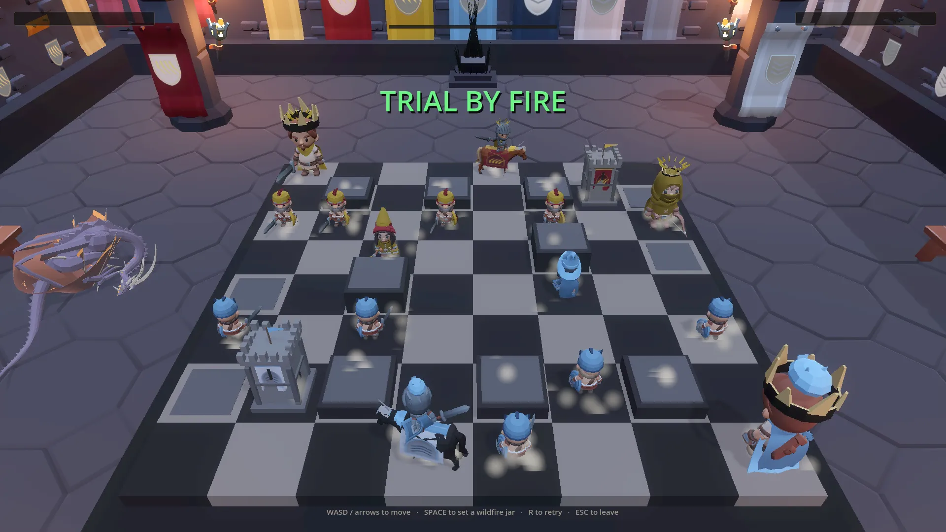 Screenshot from the game: a torch-lit great hall where the checkered board is visibly turning into a duelling arena — dark blackstone plinths rising up through the squares, the surviving gold and blue pieces planted where they stood, a crowned king in each far corner, a pale wyrm dozing on the flagstones at the left edge, and the words TRIAL BY FIRE in green across the hall