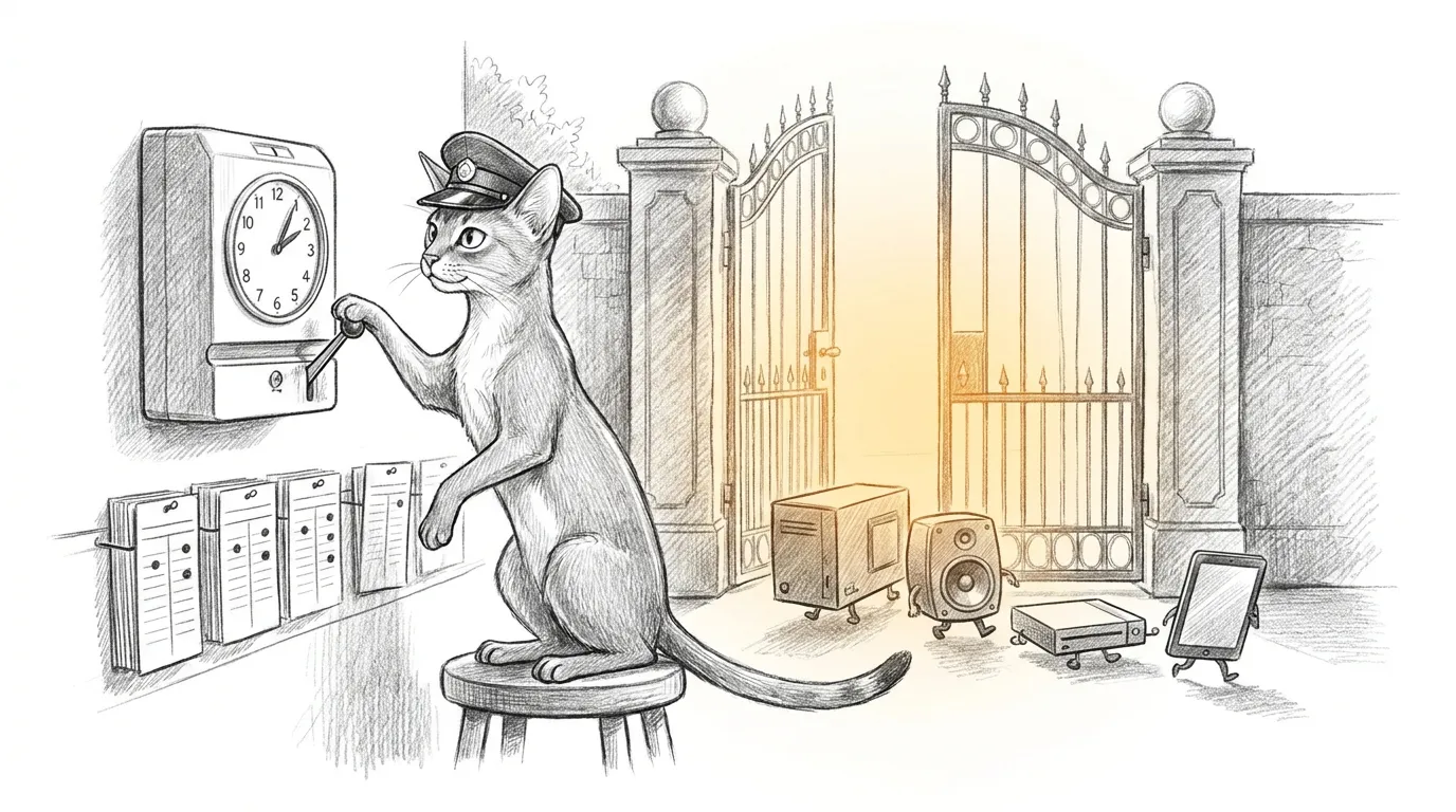 Pencil sketch: an Abyssinian cat in a night-watchman's cap dutifully punching a time clock on the wall, one paw on the lever, eyes on the dial — while behind him the front gate stands wide open in a warm amber glow and small household gadgets tiptoe out through it unnoticed