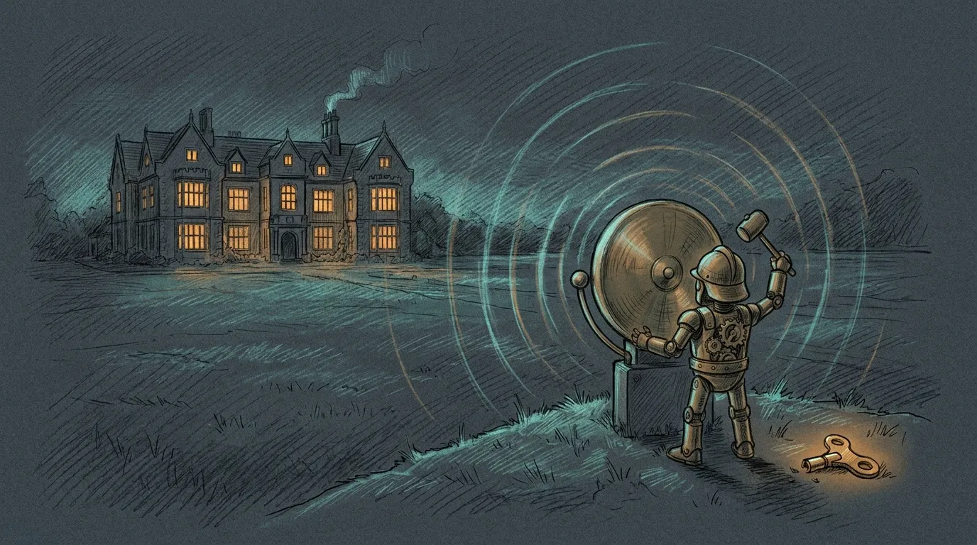 A wide night field under teal moonlight. Far across it a manor house stands perfectly calm, every window warm amber, smoke curling from the chimney. In the foreground a small brass clockwork sentinel, seen from behind, hammers an enormous alarm gong, rings of sound rolling out across the field toward the untroubled house. In the grass at its heel lies its own wind-up key, snapped clean in two, glowing faintly amber.