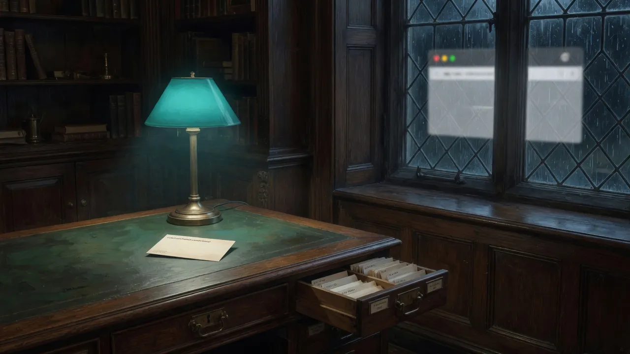 A shut study window at night. Outside, a faint browser floats in the rain. Inside, a teal lamp lights one brass card-catalog drawer and a single cream index card on the blotter.