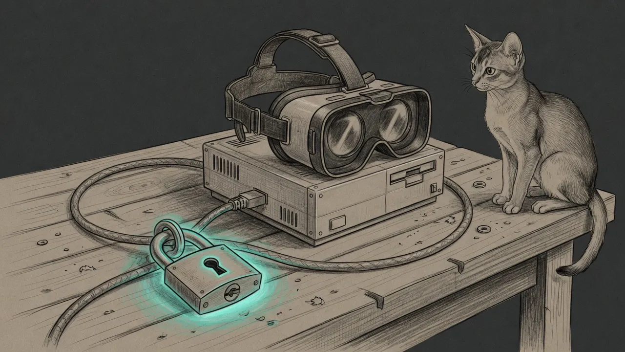 A pencil sketch of a small metal computer on a workbench wearing an oversized VR headset, its ethernet cable locked with a padlock that carries the only teal halo, while an Abyssinian cat watches from the bench edge.