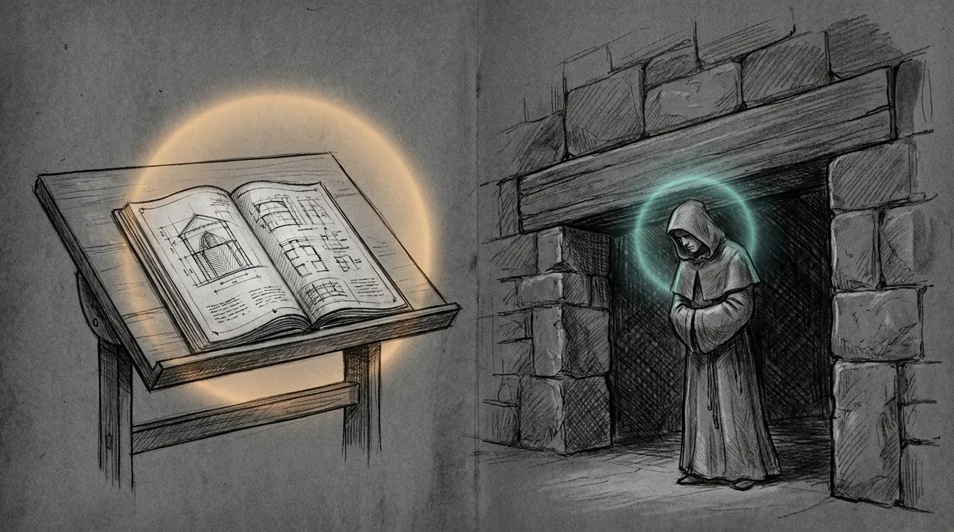 Pencil sketch on a dark ground: a finished architectural manuscript lies open and glowing amber on a drafting table, every line drawn in; beside it a low stone doorway whose ceiling beam presses down, and a tall hooded figure that cannot straighten under it, one teal halo tracing the beam that stops it