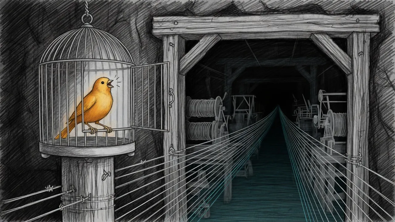 Pencil sketch on a dark ground: a small canary glows amber in an open wire cage at the mouth of a mine gallery, alert and mid-song, while behind it a loom of taut threads converges into one cold teal channel that disappears toward heavier, unlit machines — the least-critical seat going in first so the bigger ones never have to