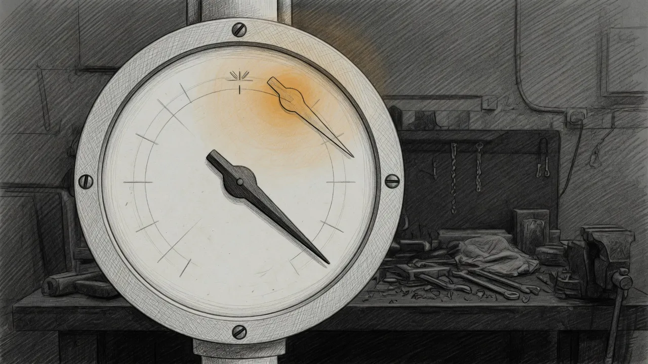 Pencil sketch on a dark ground: a heavy workshop dynamometer whose solid needle droops below the halfway mark while a faint amber ghost of the same needle hovers at the top of the arc — the speedup the bench promised, still glowing exactly where the measurement never went