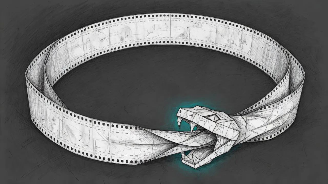 Pencil sketch on a dark ground: one long ribbon of tractor-feed printout, sprocket holes down both edges and rows of illegible marks across its panels, curves into a closed loop and ends in a serpent's head whose open jaws bite down on its own tail — a small teal halo glowing at exactly the point where the record swallows itself