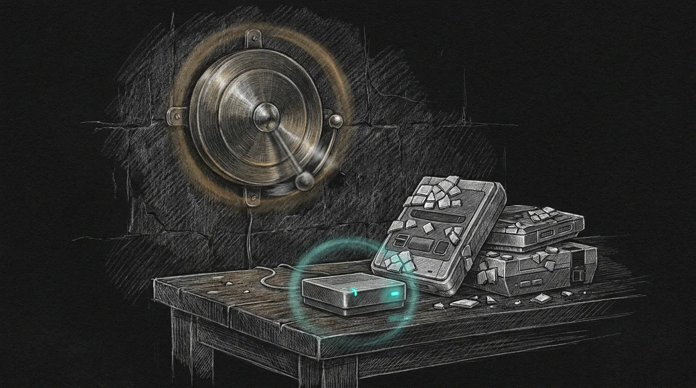 Pencil sketch of a brass fire gong frozen mid-strike above a workbench where a home router still shows one teal status lamp and three game consoles lie on their sides with cracked tiles — amber halo on the gong, teal on the lamp.