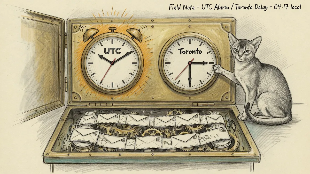 Pencil sketch of a brass instrument case with two analog clocks, UTC ringing an amber halo and Toronto four hours behind, mail envelopes still feeding through gears, an Abyssinian cat with one paw on the Toronto clock.