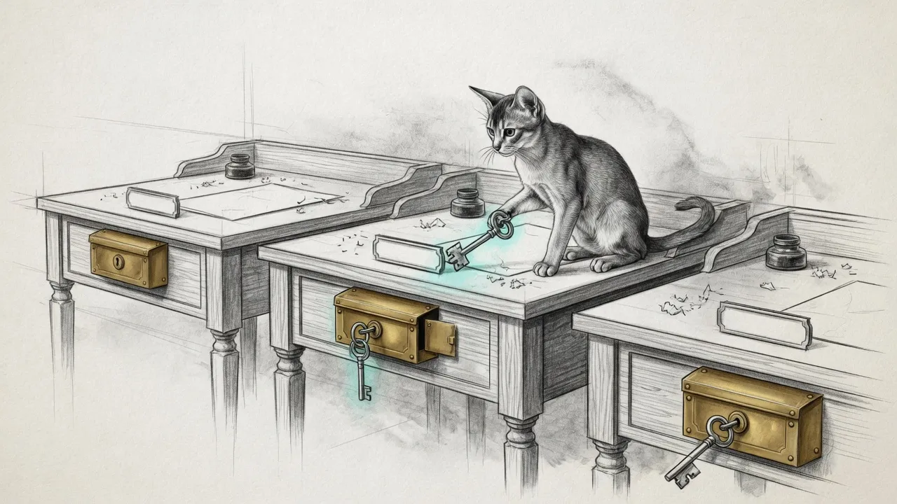 Pencil sketch of three identical desks and mailboxes; only the middle lock has the matching brass key, an Abyssinian cat watching, a small teal halo on that key.