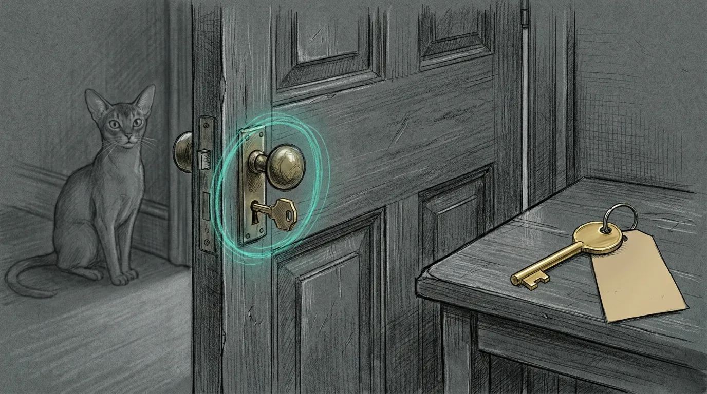 Pencil sketch of a worn meeting-room door already unlocked, a used key still in the lock under a teal halo, a brand-new unused key on the side table, an Abyssinian cat watching from the hallway.