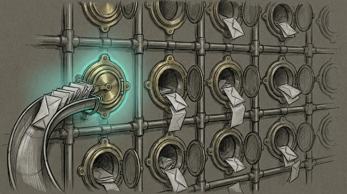 Pencil sketch on a dark ground: a wall of brass pneumatic message tubes seen head-on, most of their shutters standing open with letters dropping through into the building, while one shutter is closed and the letters queued at it are being quietly swept sideways into an outbound chute leaving the frame — a small teal halo resting on the one closed shutter