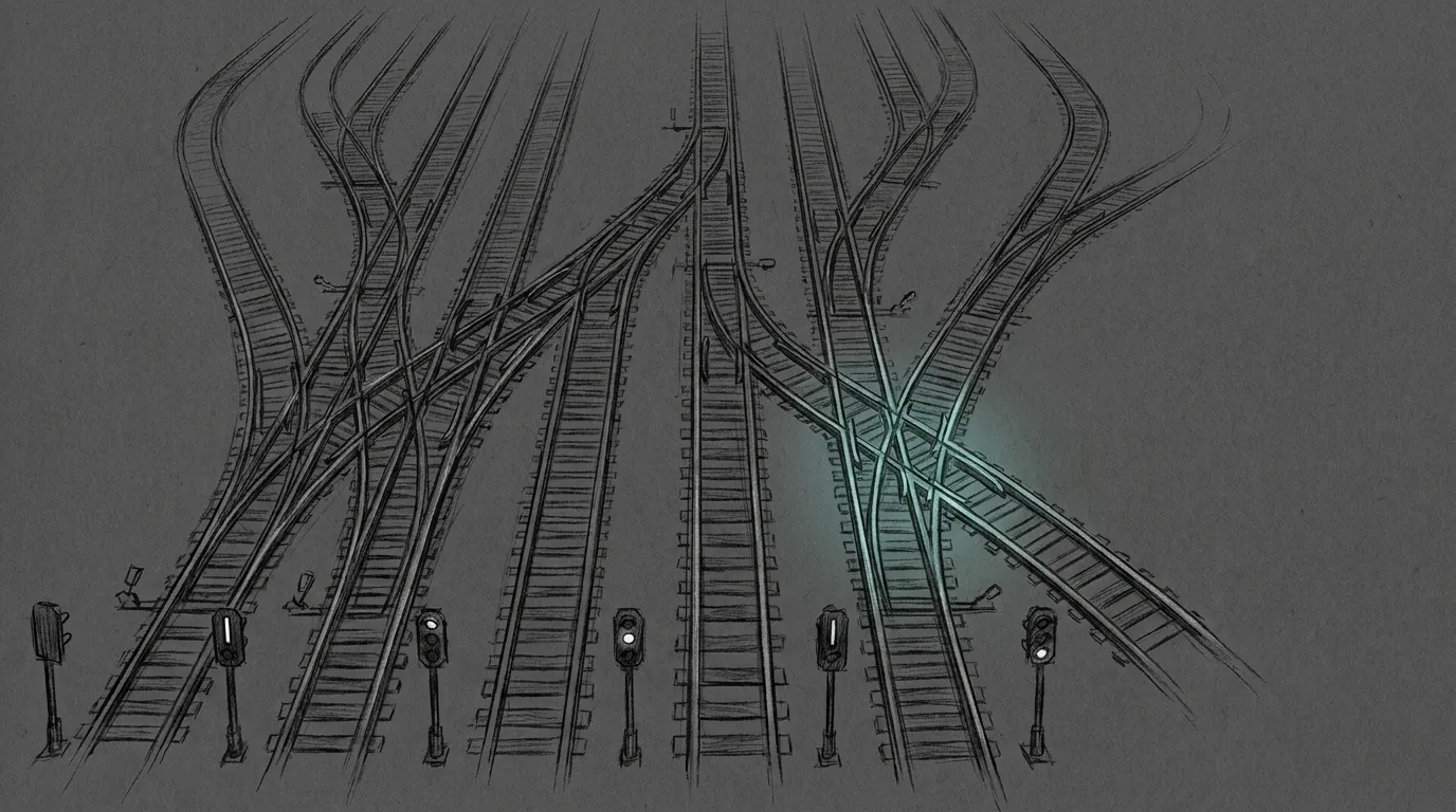 Pencil sketch on a dark ground: a railway switching yard seen from above, a dozen tracks curving and crossing through banks of points, a row of signal lamps along the bottom edge with every one of them showing clear — while a single set of blades in the right-hand bank glows teal, the only colour in the drawing, at the crossing nobody was watching