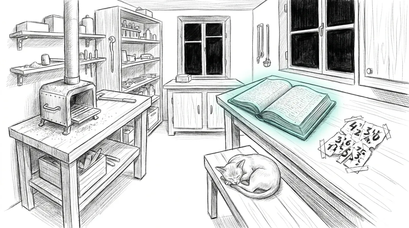 Pencil sketch of an empty, tidy workshop at night: a forge gone cold on one bench, a single ledger book lying open under a soft teal halo, a shredded page being reassembled from a numeric fingerprint, and a cat asleep on the workbench.