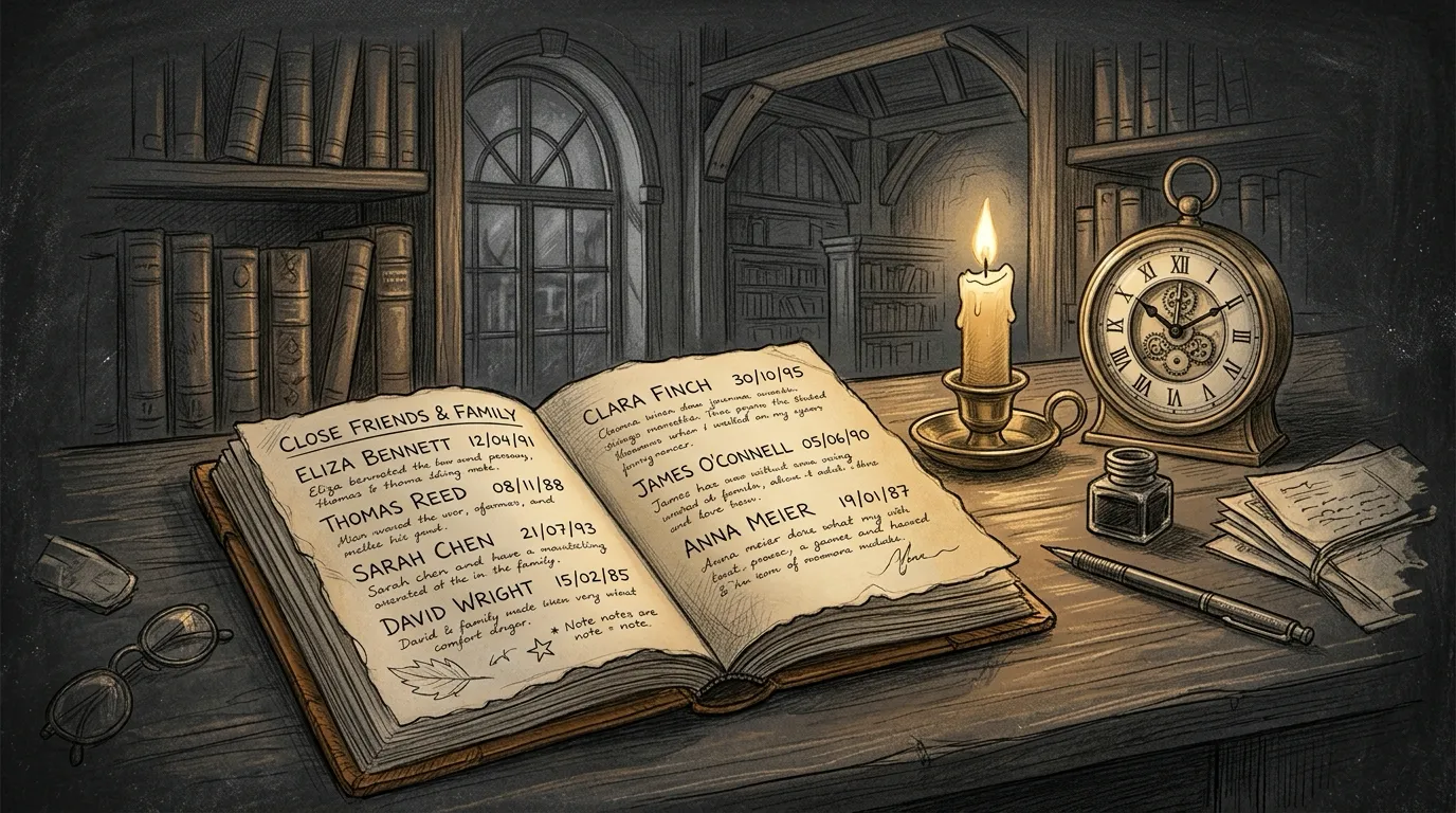 Pencil sketch on a dark textured chalkboard-like background of a warm library desk with an open leather-bound personal journal displaying handwritten names and dates of close friends and family, subtle warm golden candlelight, quiet mechanical clock, cozy vintage architectural drawing style