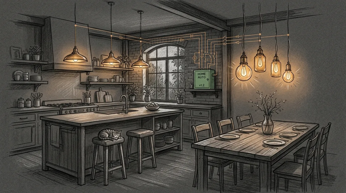 Pencil sketch on a dark textured background of an open-concept kitchen and dining room bathed in warm tungsten filament light, 2000K warm incandescent glow over dining table and kitchen island, faint copper line-art circuits connecting a small green automation box on a shelf to warm pendant lights, a cat resting quietly on a stool, cozy architectural drawing style