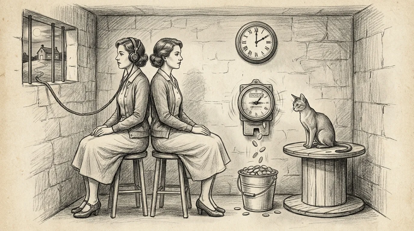 Pencil sketch of two identical switchboard operators sitting back to back in a small stone room, one wearing a headset whose long cord runs out a window toward a distant lit farmhouse on a hill; between them a wall clock with its second hand stopped at two minutes, a coin meter on the wall spinning coins into an overflowing bucket, and an Abyssinian cat sitting on the cable spool watching the meter