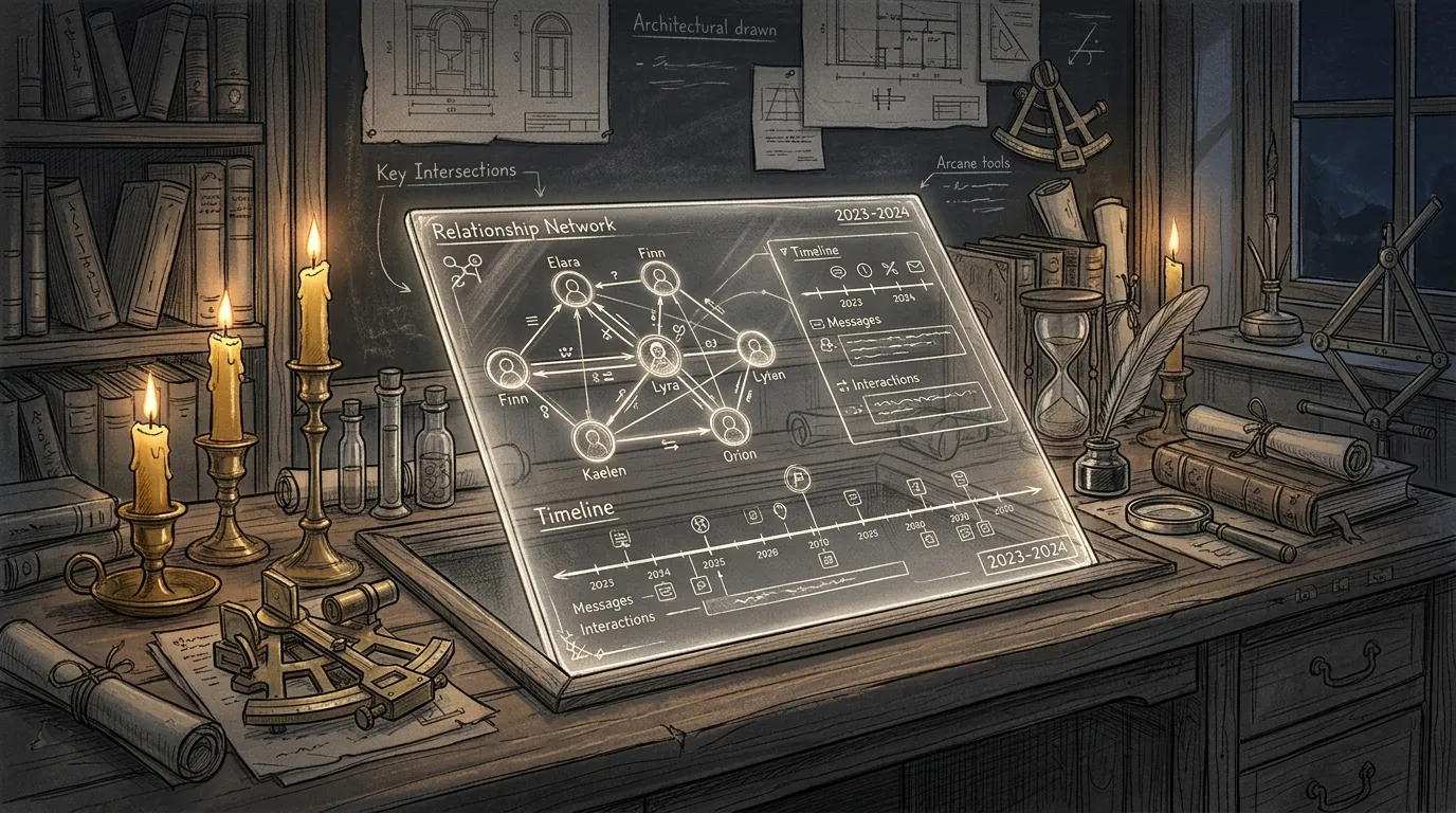 Pencil sketch on a dark textured chalkboard-like background of a sophisticated high-tech wizard study desk with an illuminated glowing glass interface displaying connected human relationship nodes, clear communication timelines, warm golden candlelight accents, cozy vintage architectural drafting style, quiet technical precision