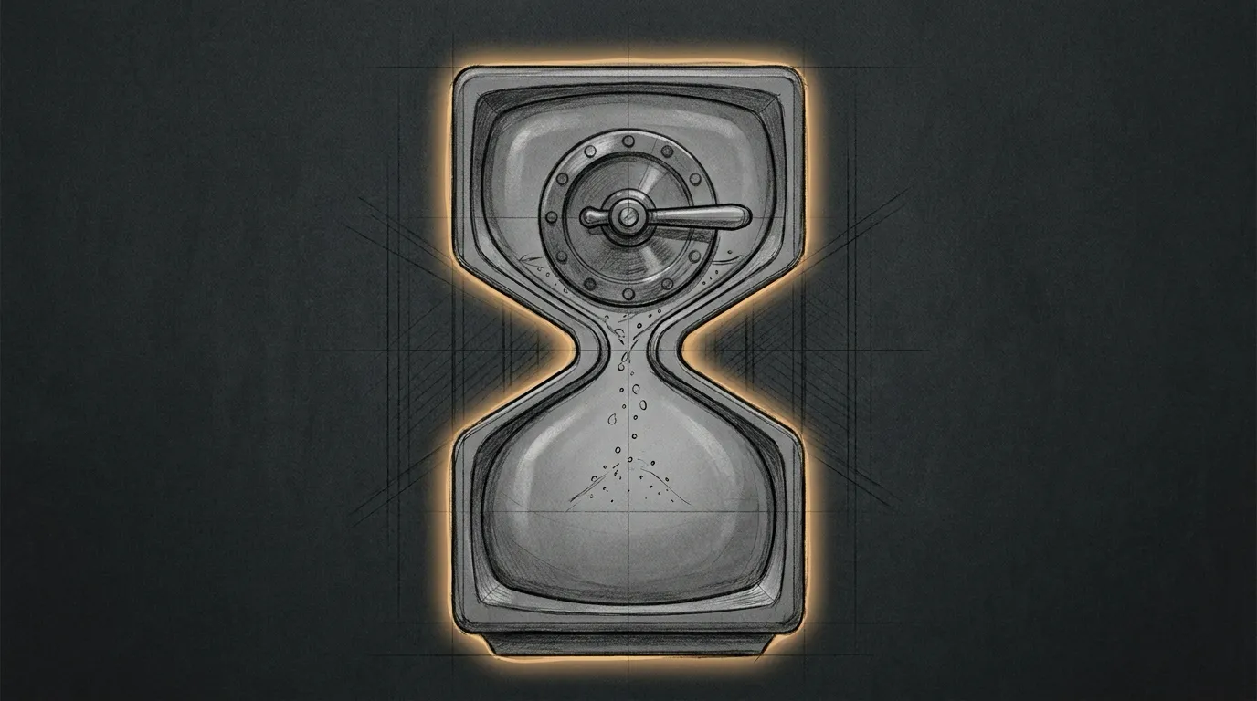 A television built like an hourglass, a few last grains of sand still trickling into its lower chamber just below a heavy valve that has already slammed shut above it. Technical pencil sketch, dark background, amber accent halo, no text.