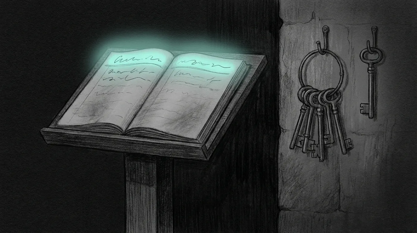 Pencil sketch of an open guest ledger on a lectern in a dark stone vestibule, only its first line lit by a soft teal halo while the lines below fade, with a full iron key ring on the wall and one plain key hanging apart on its own hook.
