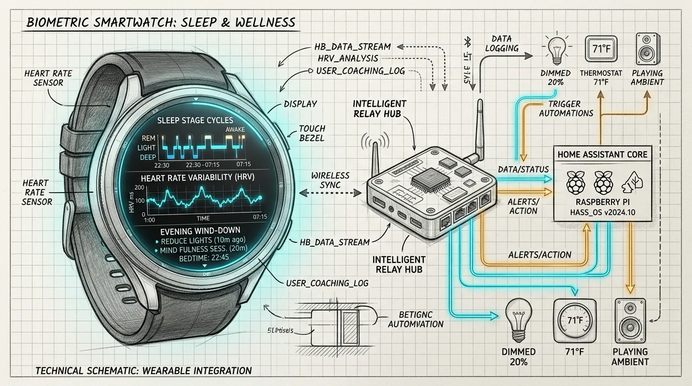 Technical architectural pencil sketch of a sleek biometric smartwatch interface displaying sleep stage cycles, heart rate variability waveforms, and evening wind-down coaching nudges, glowing cyan and warm amber data lines routing through an intelligent relay hub into Home Assistant.