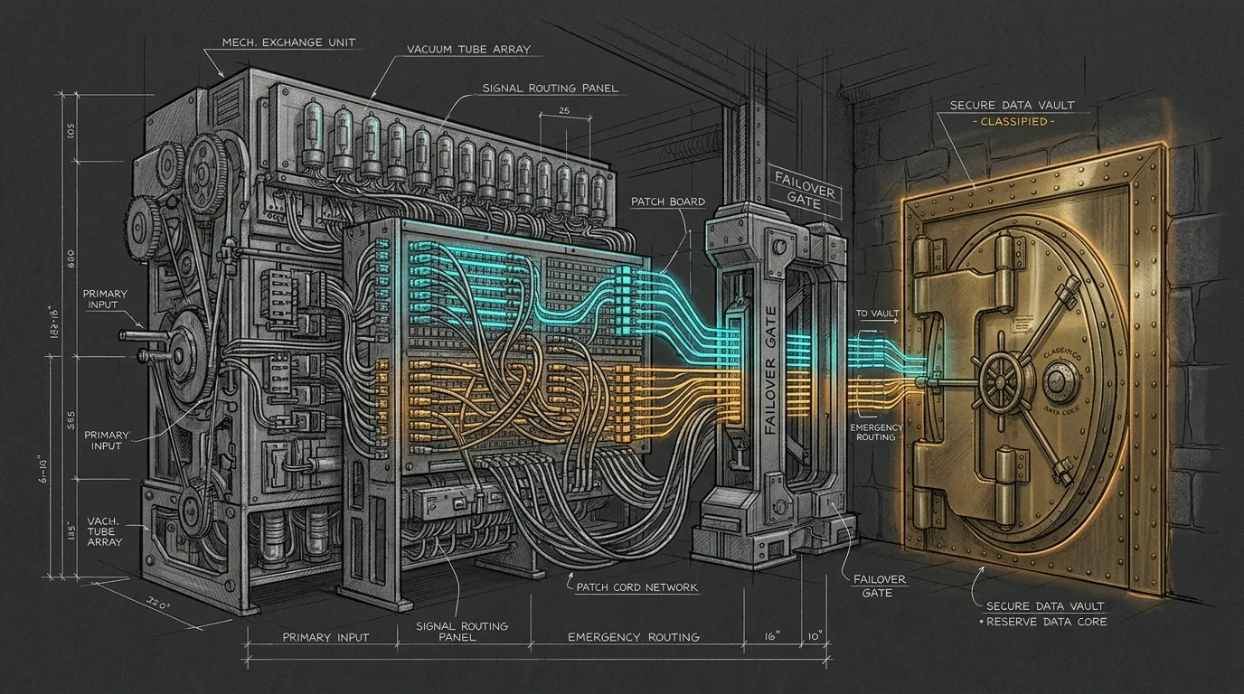 Technical pencil sketch of a mechanical routing exchange switchboard with glowing cyan and amber data circuits routing through a failover gate into a secure vault.