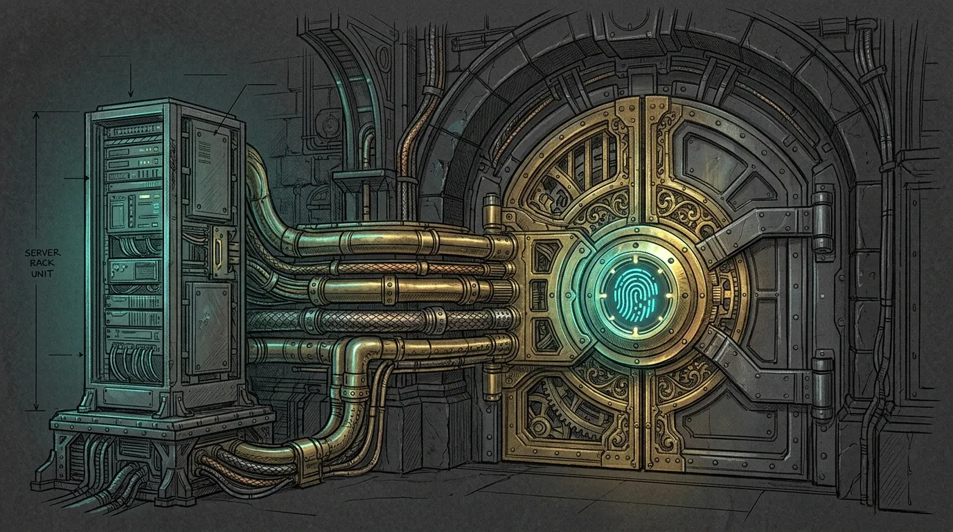 Technical pencil sketch of a server rack connected by heavy brass armored conduits into a fortified vault with a glowing cyan biometric fingerprint lock.