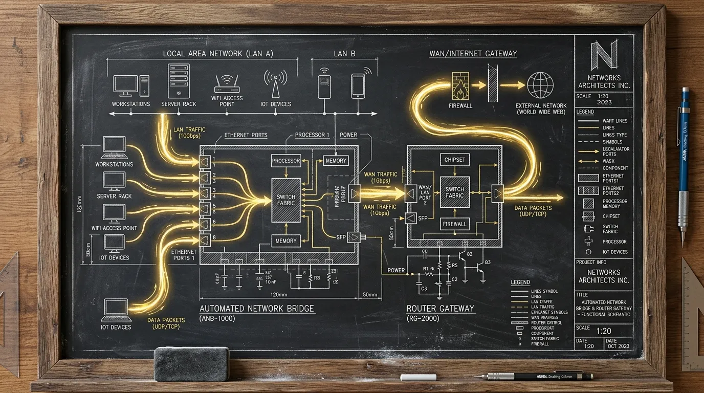 Technical pencil and ink schematic on a dark chalkboard of an automated network bridge circuit and router gateway with golden energy streams, cozy architectural drafting aesthetic, clean precision line art