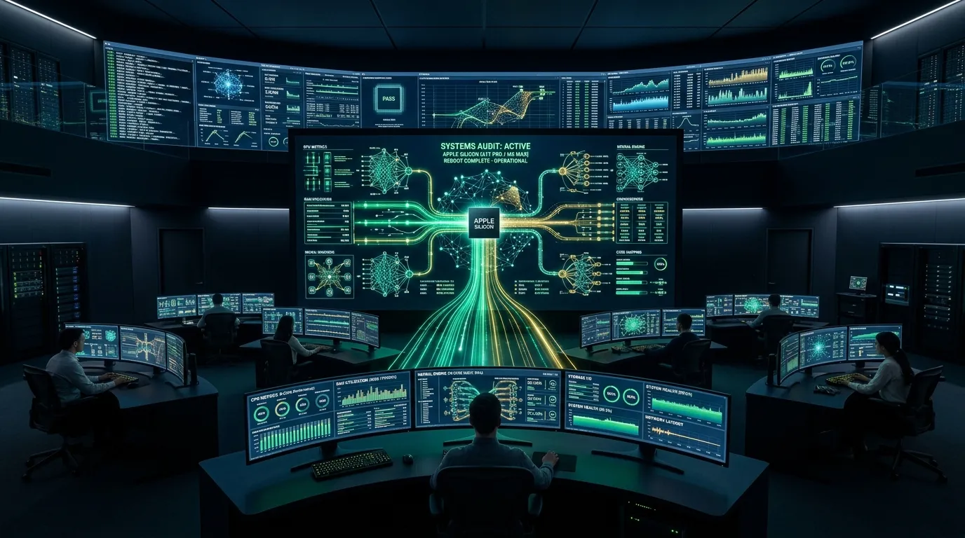 Operational telemetry command center visualization of a post-reboot systems audit on Apple silicon with emerald and gold telemetry streams.