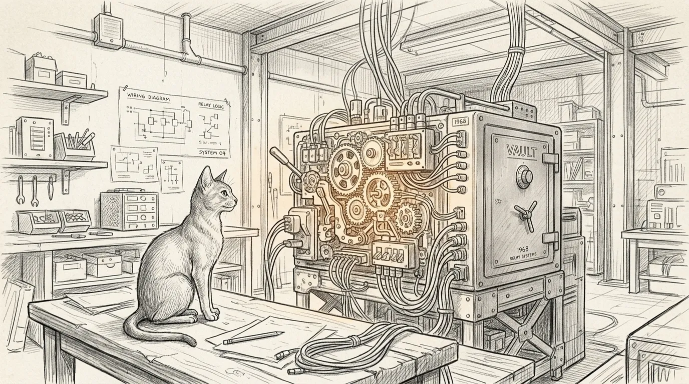 Technical pencil sketch of a mechanical relay switchboard with interlocking gears and routing cables converging into a secure vault terminal with Tommy observing calmly on a wooden bench.