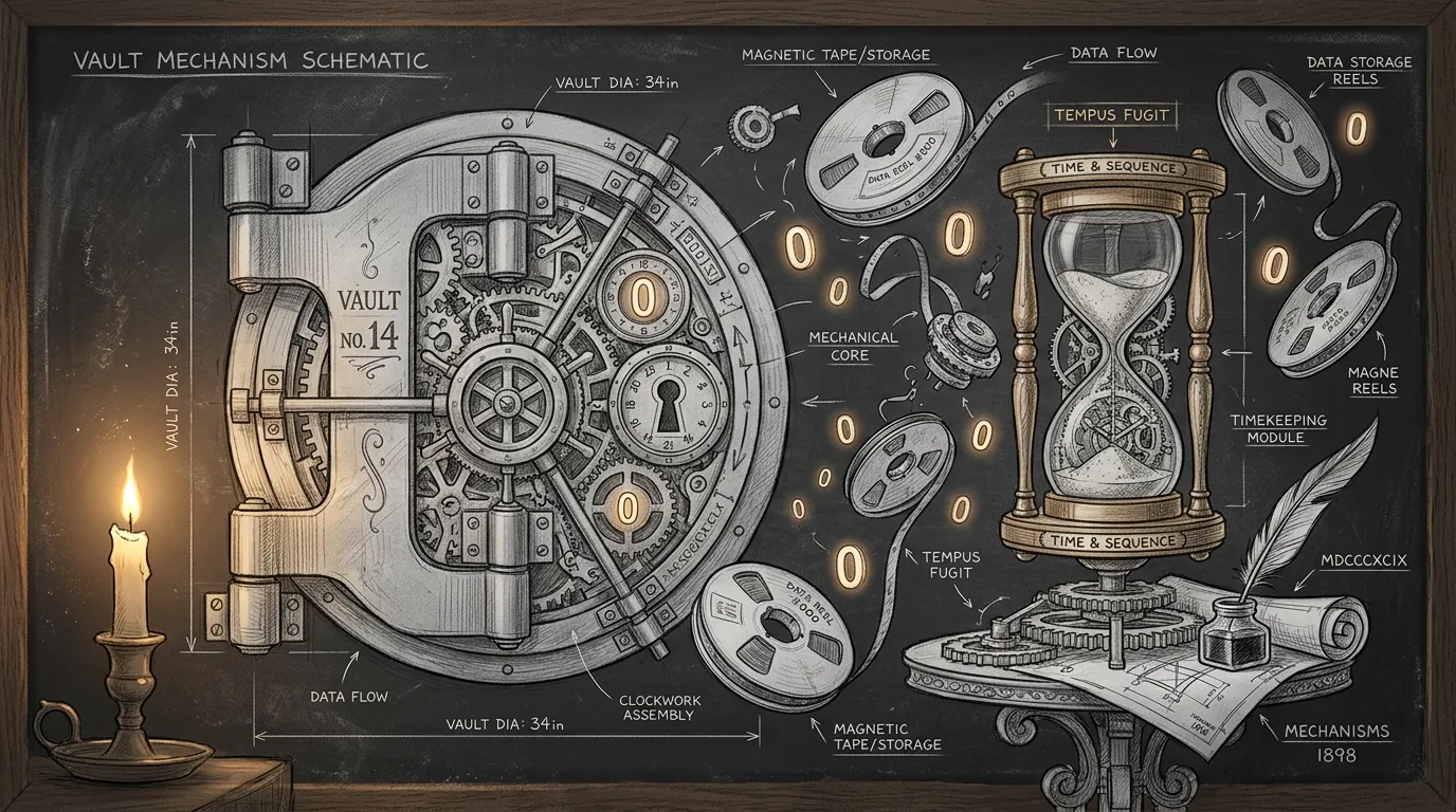 Pencil sketch on a dark textured chalkboard background of an antique mechanical clockwork vault and hourglass surrounded by floating magnetic tape reels and glowing zero digits, warm golden candlelight accents, cozy vintage architectural drafting style, quiet technical precision