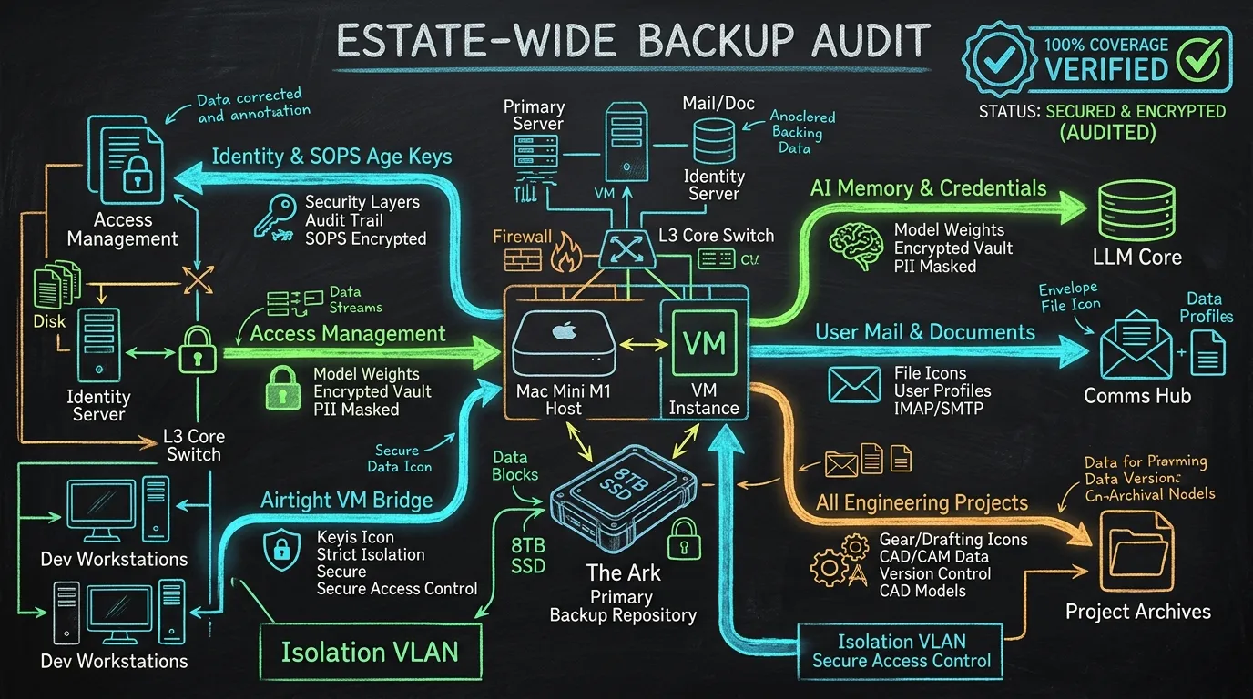 Technical architectural schematic on a dark chalkboard detailing the estate-wide data backup topology across Mac Mini host, virtual machine, and the Ark storage vault