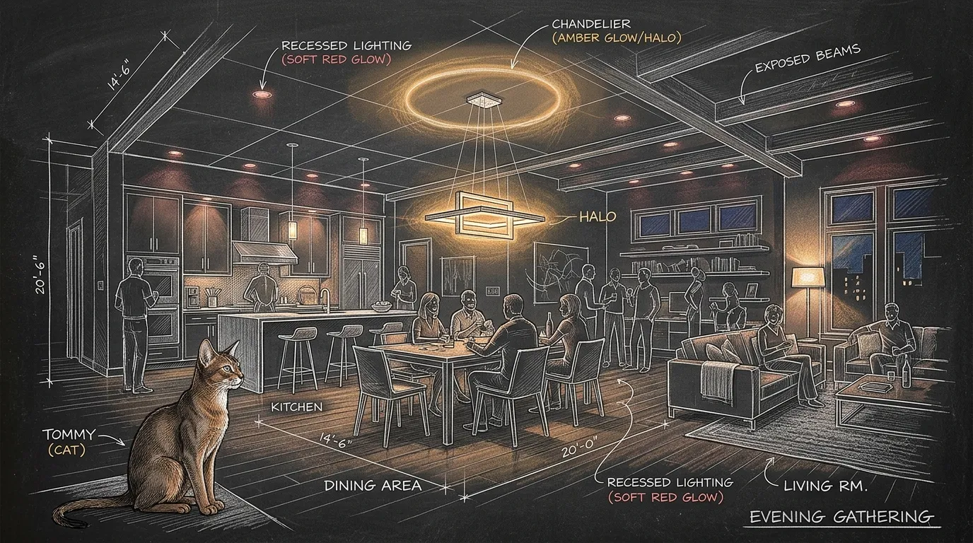 Technical pencil and ink architectural sketch on a dark chalkboard background of an open concept ground floor living, dining, and kitchen area during an evening gathering with soft amber and red illumination, observed by Tommy the cat