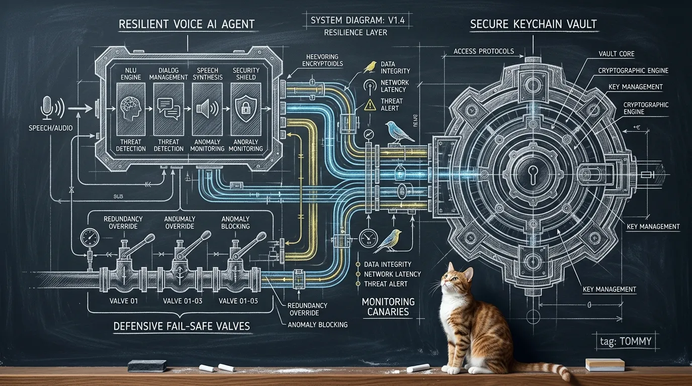 Technical pencil and ink architectural schematic on a dark chalkboard background of a resilient voice AI agent and secure keychain vault system, connected with glowing conduits, defensive fail-safe valves, and monitoring canaries, watched by Tommy the cat, highly detailed engineering illustration