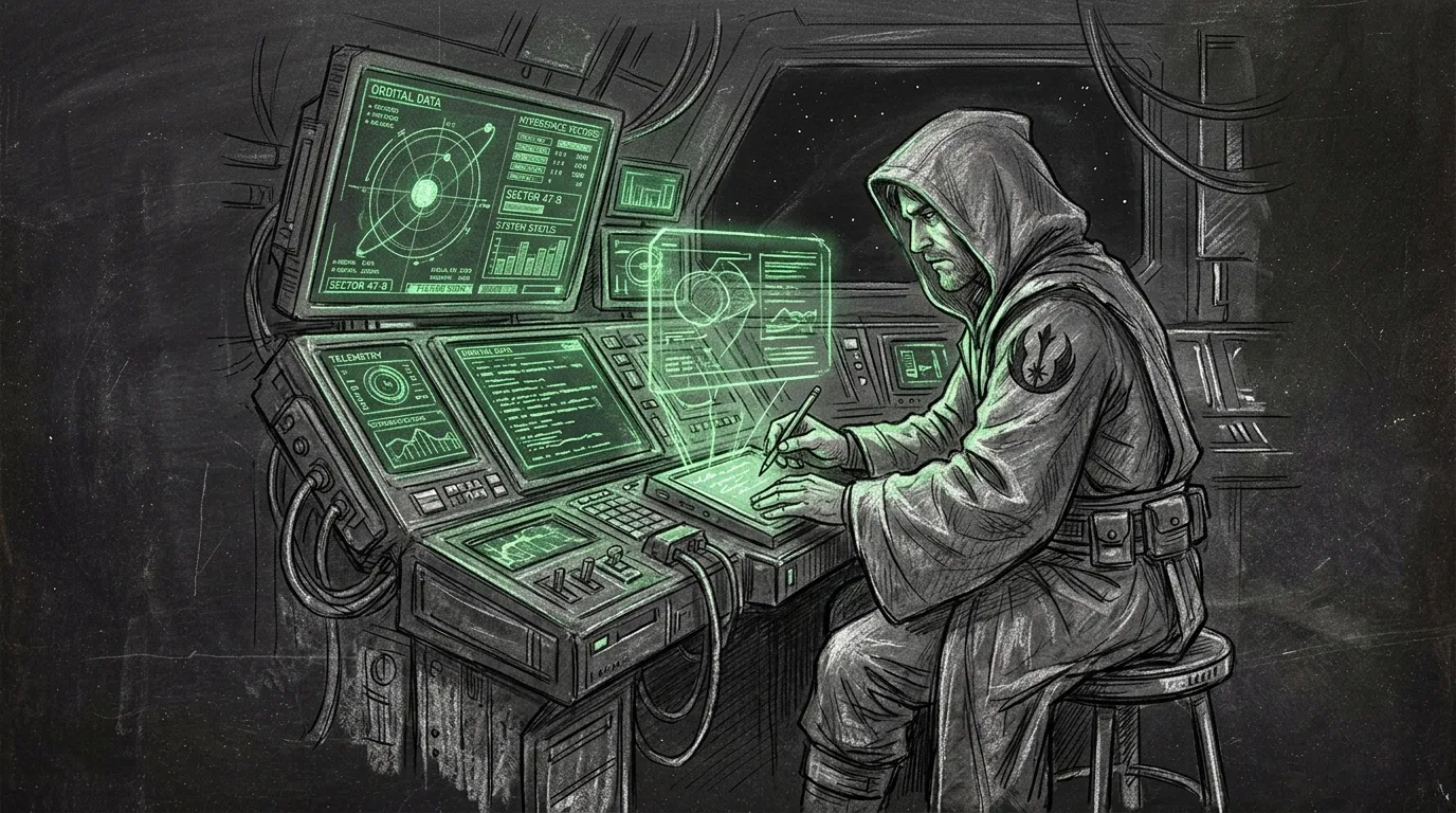 Technical pencil and ink architectural schematic on a dark chalkboard of Jedi infrastructure master Qui-Gon Jinn monitoring high-throughput MLX compute nodes and telemetry sentinels