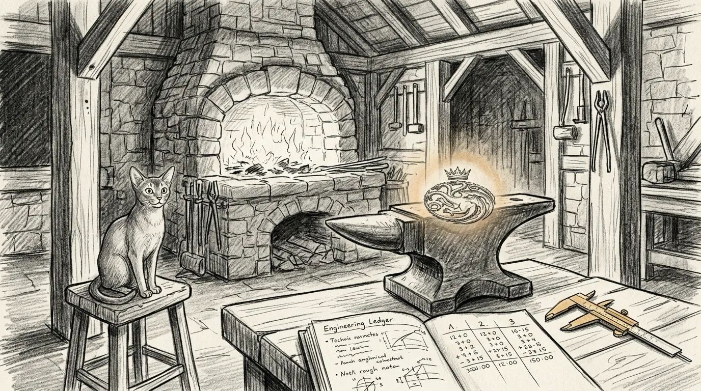 Pencil sketch of an ancient stone forge workshop at night, where an anvil in the foreground holds a newly sculpted dragon crest crowned in laurels and glowing with a soft amber halo, beside an open engineering ledger showing three neat trial columns, while Tommy the Abyssinian cat watches from a wooden stool.