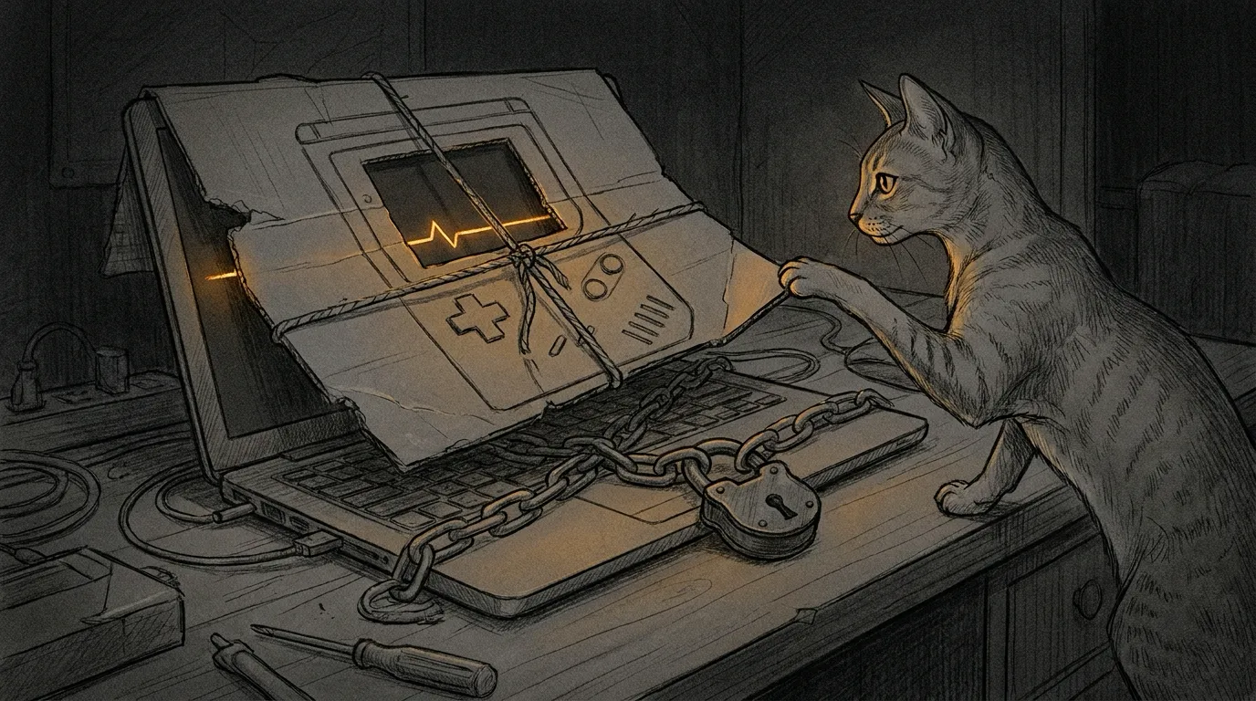 A technical pencil sketch on dark paper: an open laptop on a workbench at night, badly disguised as a handheld game console with a cardboard mask tied on with string, a padlock and chain across its keyboard. The only colour is a thin amber heartbeat line on its screen, running flat. An Abyssinian cat lifts one corner of the cardboard with a paw to look at the machine underneath.