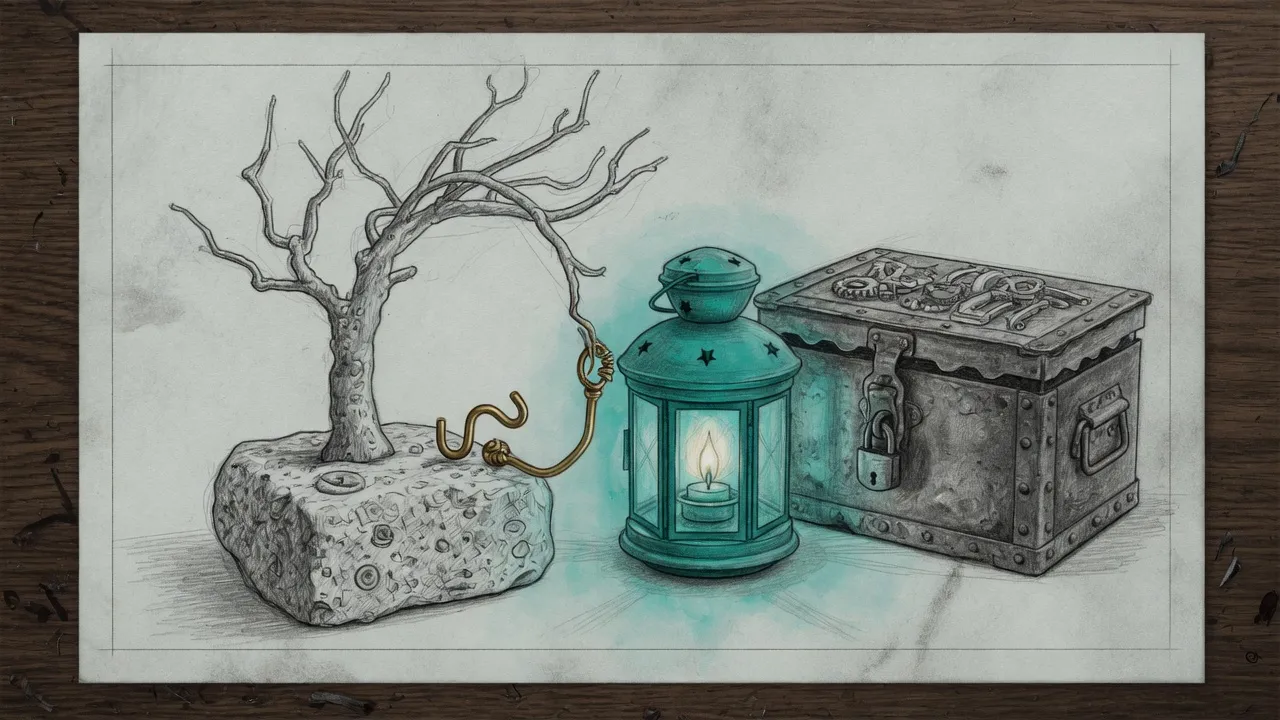 A pencil sketch of a small stone tree drawn back onto a stamped plinth by a brass hook, a teal lantern still burning beside a closed engine housing.