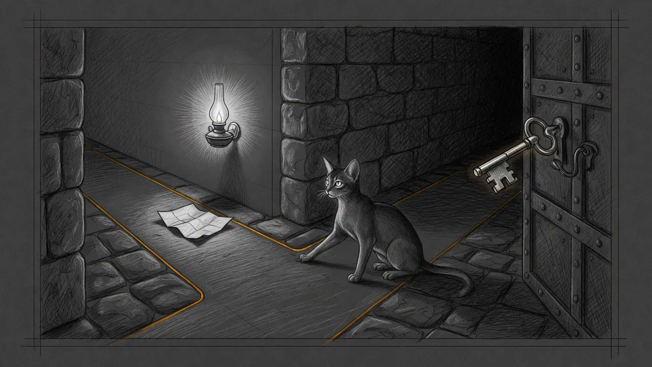 A pencil sketch of a forked stone hallway at night, an Abyssinian cat with one paw on the short lamp-lit path and a heavy iron door waiting down the other.
