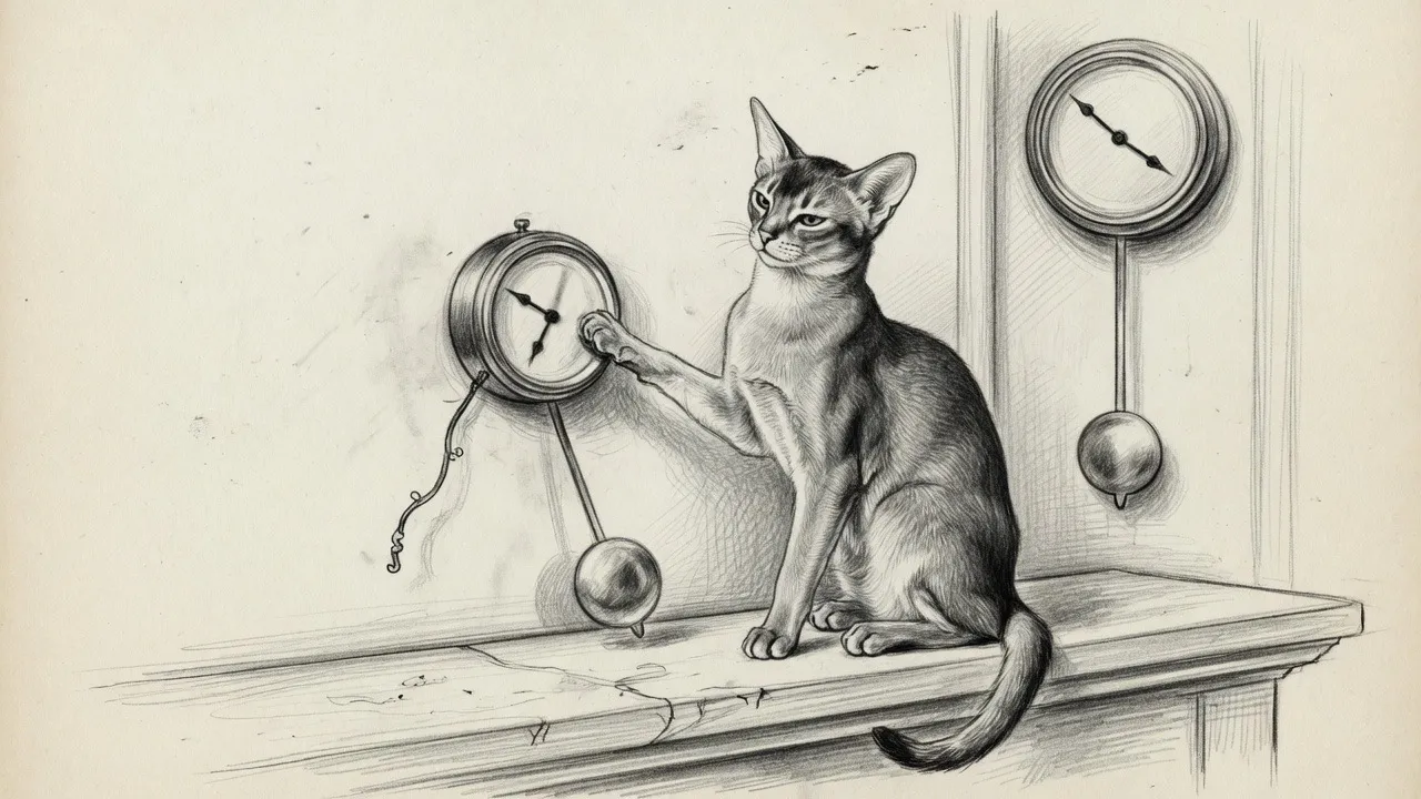 A pencil sketch of a stopped brass clock beside a smaller striking clock, with a cat on the mantel watching the pendulum come free.