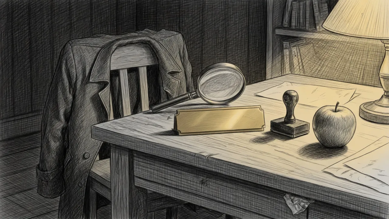 A pencil study of a coat, a magnifying glass, a blank brass nameplate, and an unused stamp beside an apple whose shadow does not match.
