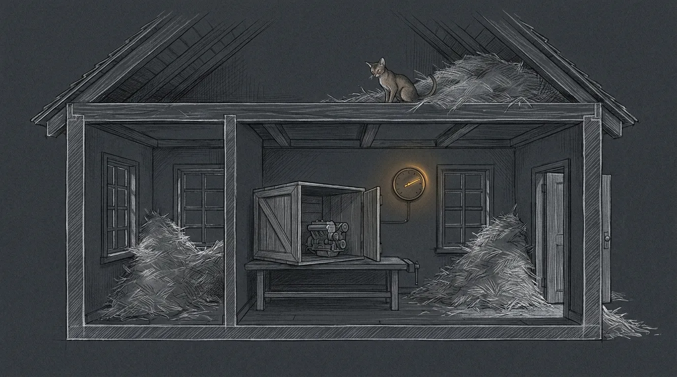 A technical pencil sketch on dark paper: a cutaway of a small two-room dwelling at night. On a workbench in the middle stands an open wooden crate holding a compact engine no bigger than a toaster, and the packing straw it came in has drifted across both rooms, banked against the windows, spilled out of the door and piled up into the attic. The only colour is a thin amber needle glowing on a wall gauge. An Abyssinian cat sits on the attic beam above the straw, looking down at the engine as if the mess were its fault.