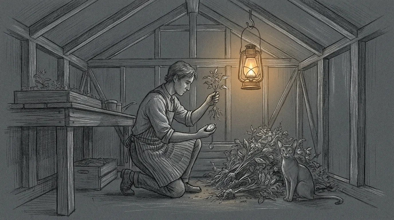 A technical pencil sketch on dark paper: a gardener kneels in a small greenhouse at night, holding up a healthy seedling he has just pulled to inspect its roots, a pocket watch open in his other hand. Beside him a heap of identical uprooted plants spreads across the floor. The only colour is the amber glow of a lantern hanging from the frame. An Abyssinian cat sits by the heap, looking straight out of the picture as if asking who will put them back.